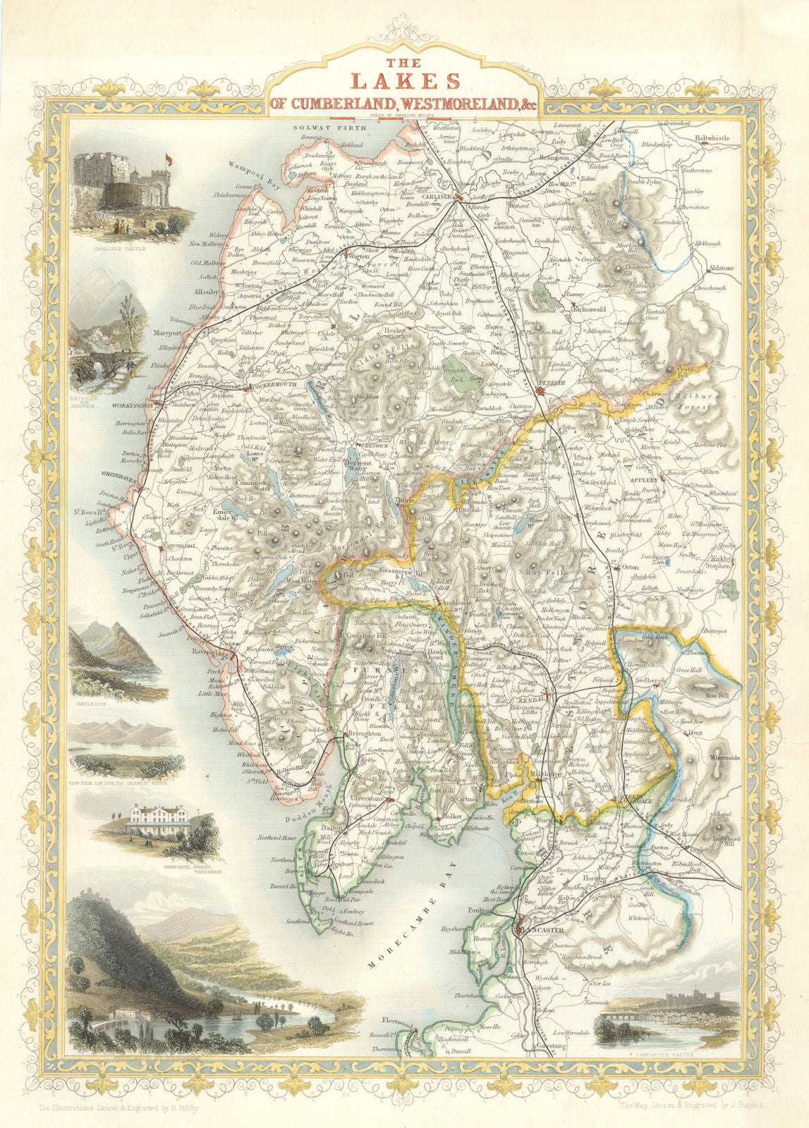 The Lakes of Cumberland, Westmoreland. English Lake District by Tallis c1850 map